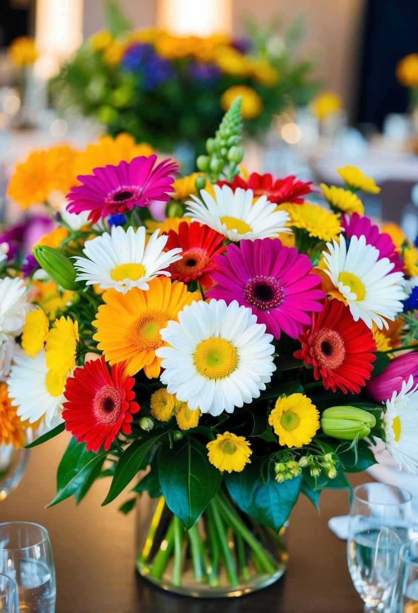 A vibrant daisy bouquet, featuring bold and colorful blooms arranged in a stunning wedding centerpiece