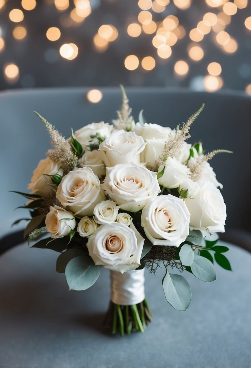 A white wedding bouquet of roses and dusty miller