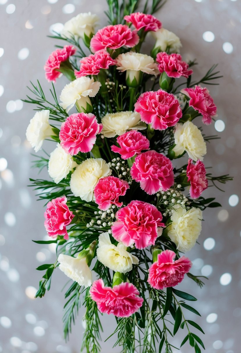 A vibrant bouquet of pink and white carnations arranged in a cascading style, with delicate greenery and sprigs of baby's breath intertwined throughout