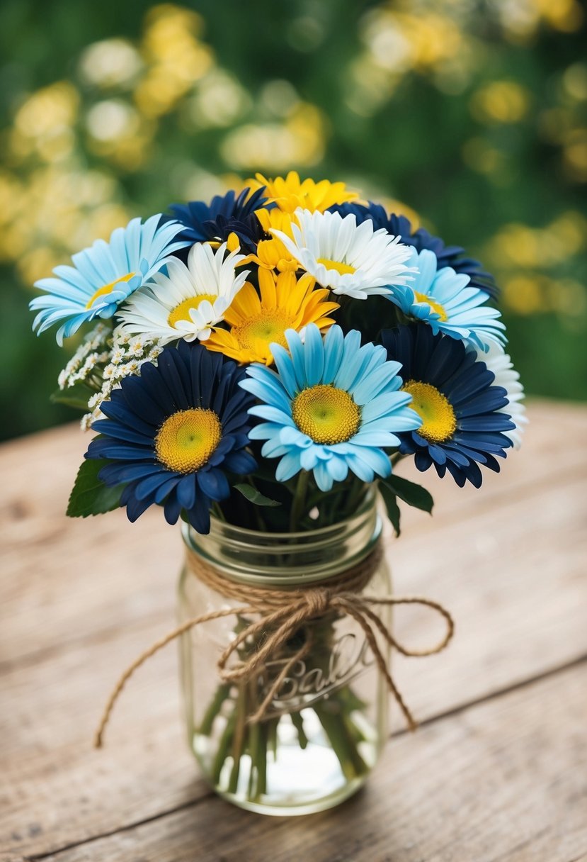 A rustic wedding bouquet featuring navy, light blue, and yellow daisies, tied with twine and nestled in a mason jar