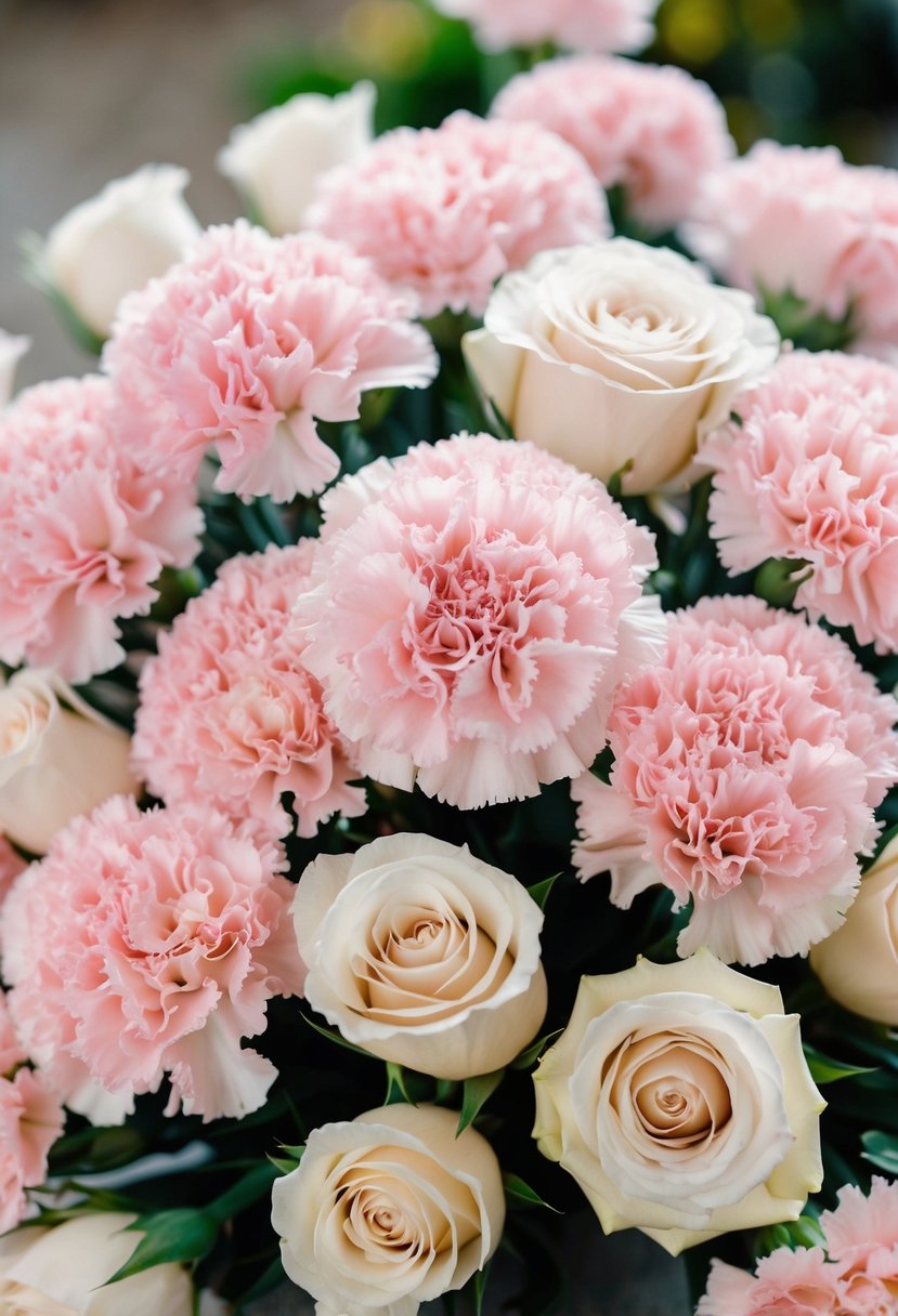 A bouquet of pink carnations and cream roses arranged in a delicate, romantic style