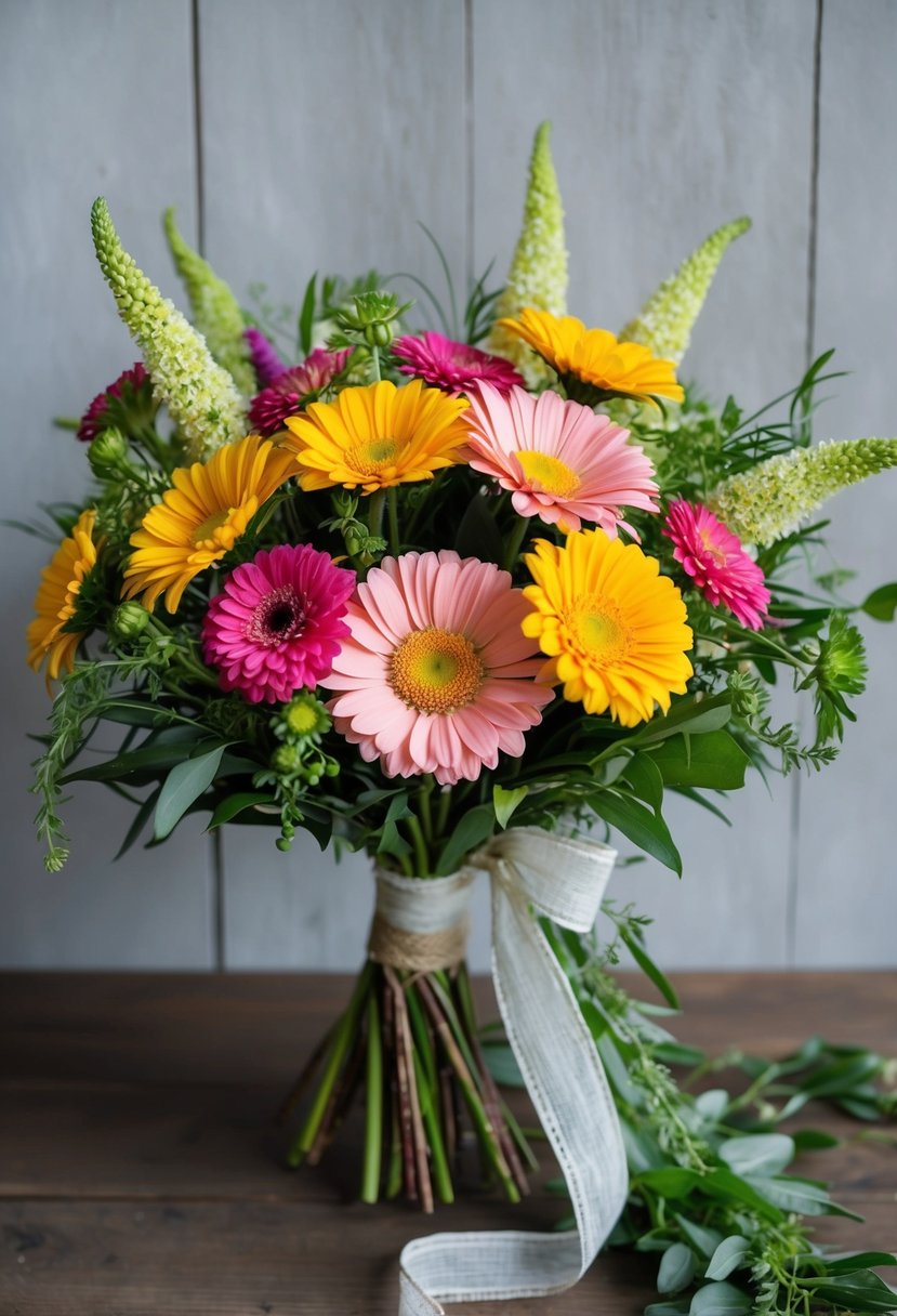 A vibrant bouquet of Shasta Daisies and Zinnias, arranged in a rustic, hand-tied style with trailing greenery and delicate ribbon accents