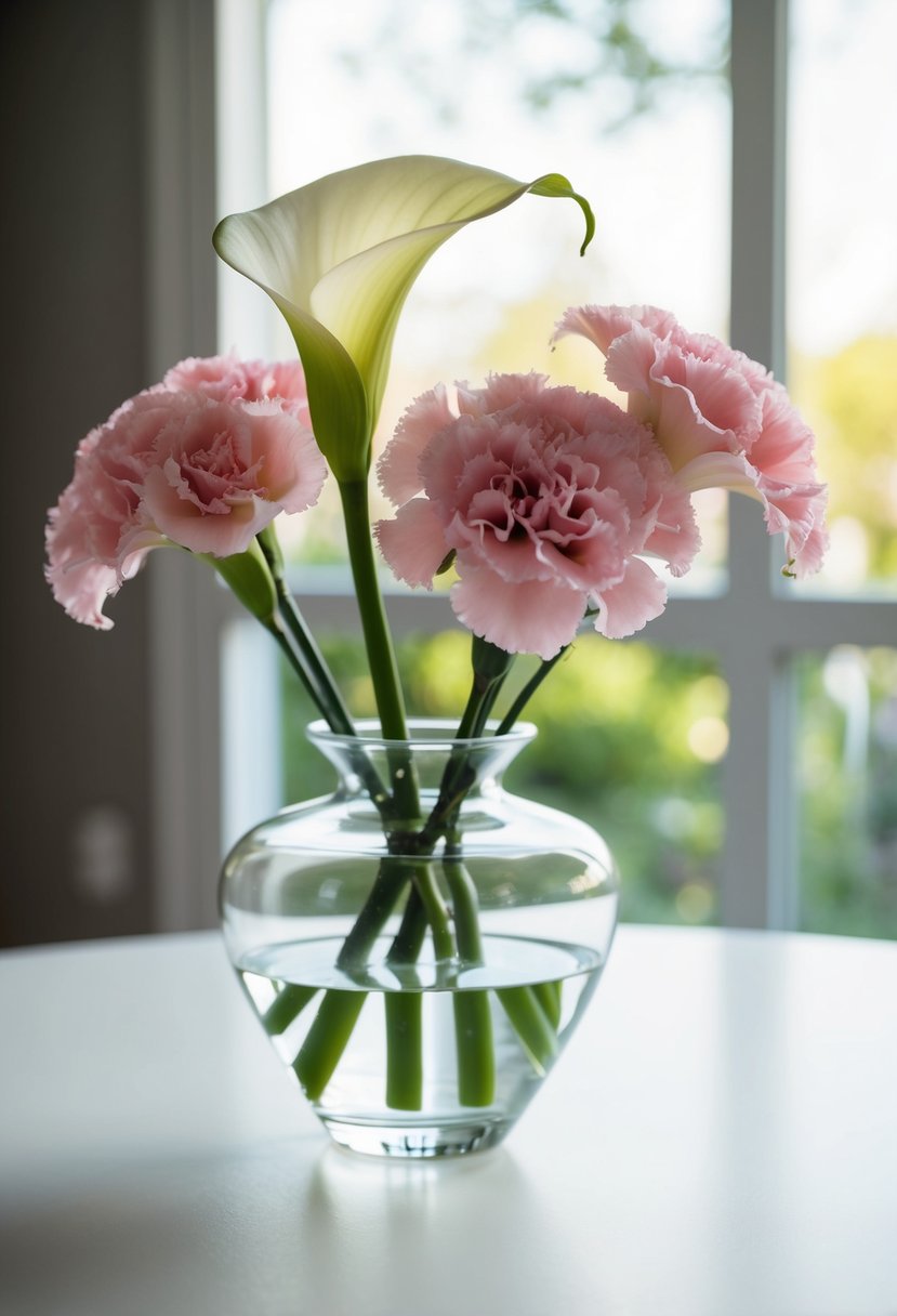 A single white calla lily and two pink carnations in a clear glass vase on a white table