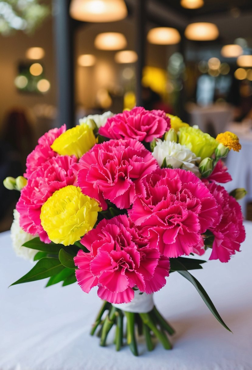 A vibrant wedding bouquet with bright carnations and wax flowers arranged in a playful and lively composition