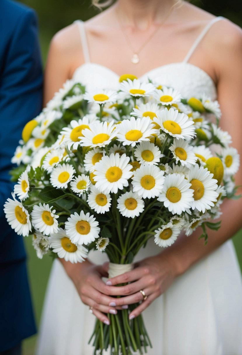 A cluster of hand-tied daisy bouquets, arranged in a relaxed and natural style, perfect for wedding bouquet ideas