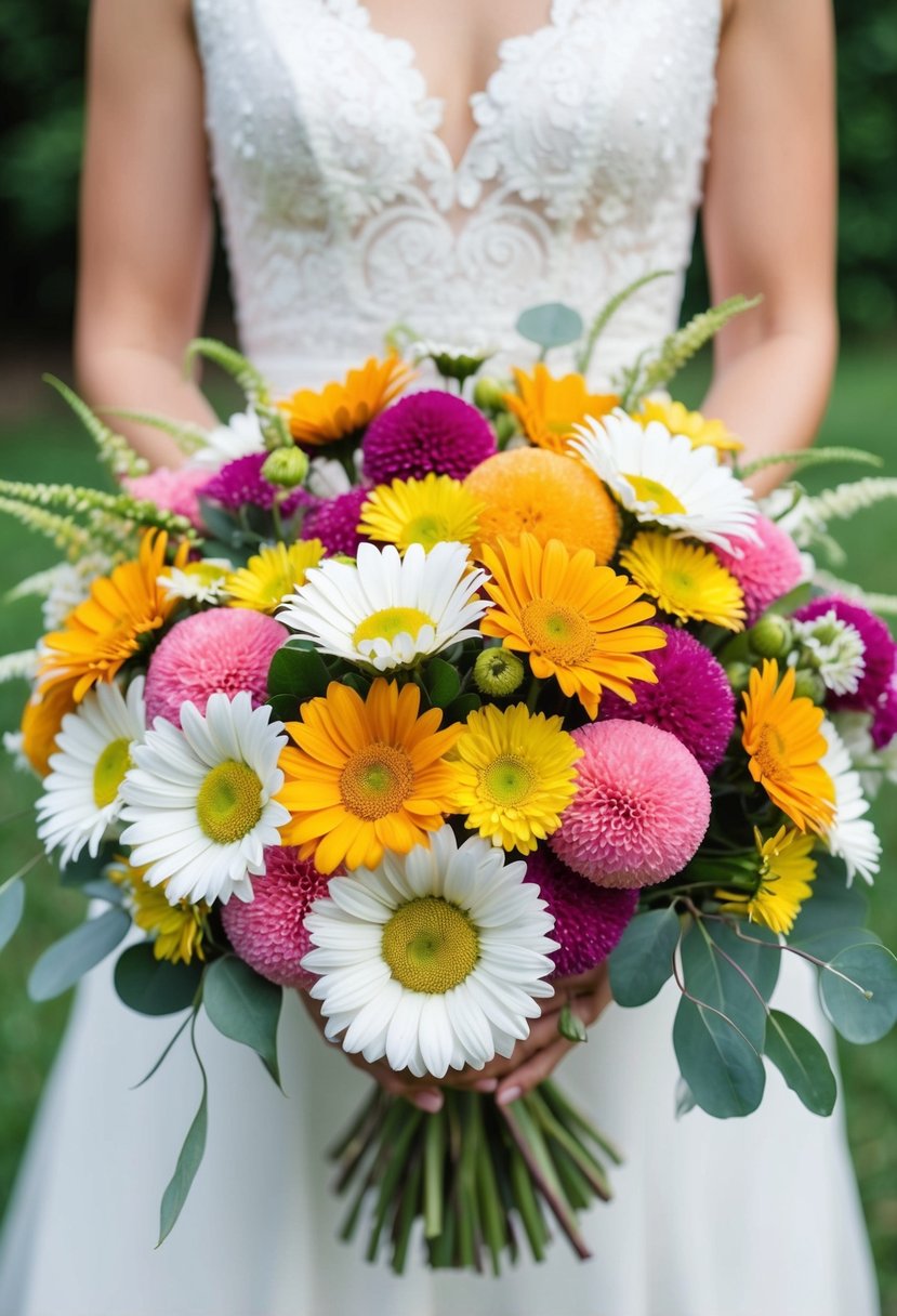 A vibrant mix of whimsical daisies and pom flowers arranged in a wedding bouquet