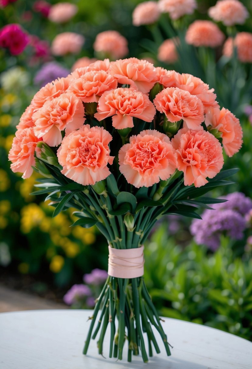 A bouquet of coral carnations intertwined with vibrant greenery, set against a backdrop of a blooming outdoor garden