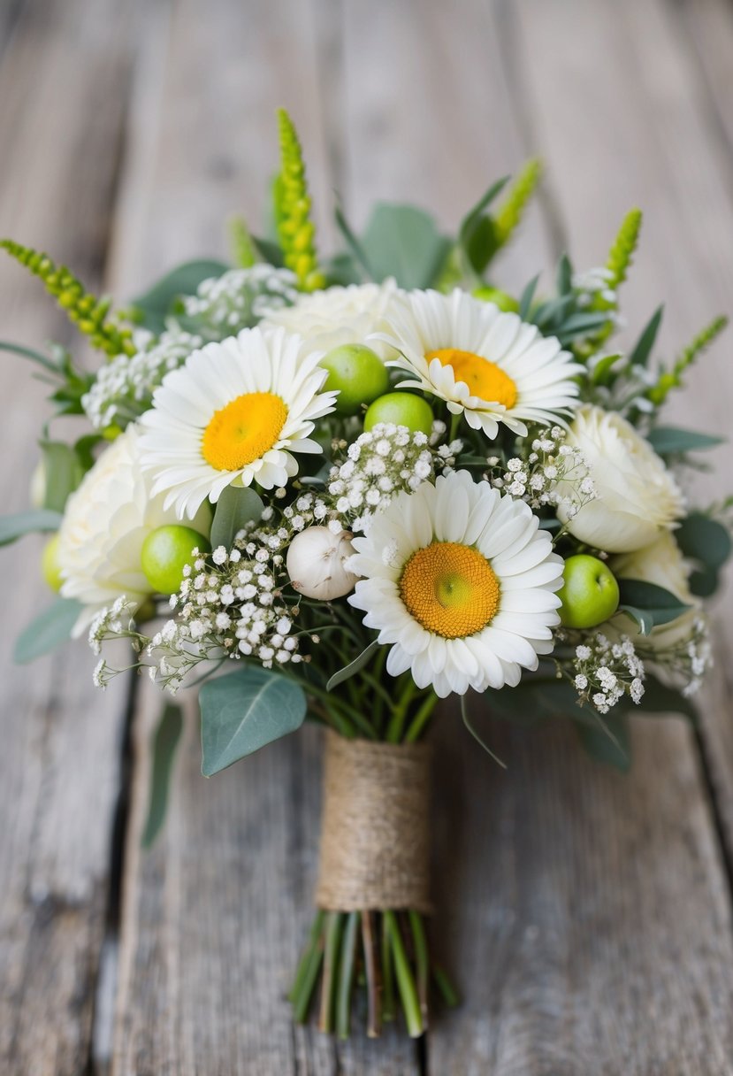 A delicate wedding bouquet featuring daisies, Billy Balls, and Baby's Breath arranged in a rustic, hand-tied style