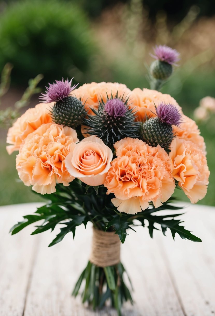 Peach carnations and thistle arranged in a rustic wedding bouquet