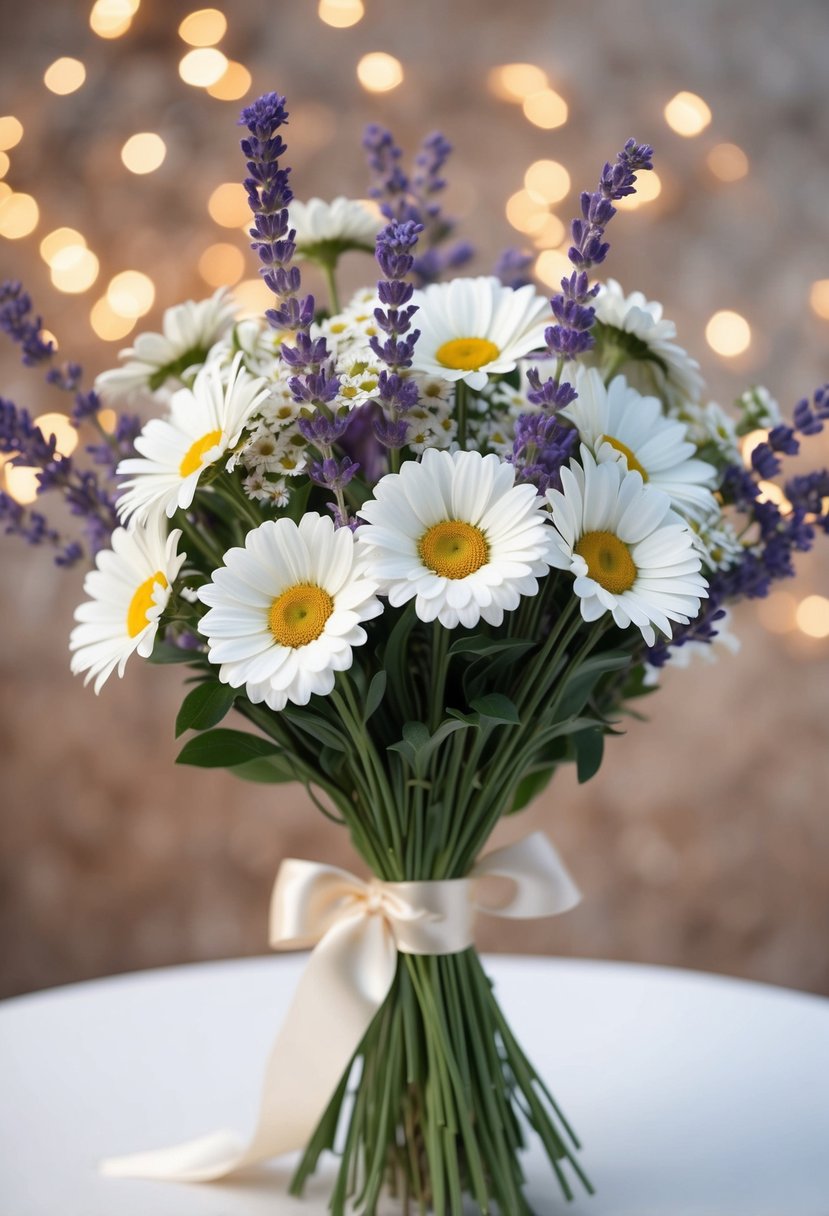 A delicate bouquet of daisies and lavender, tied with a satin ribbon