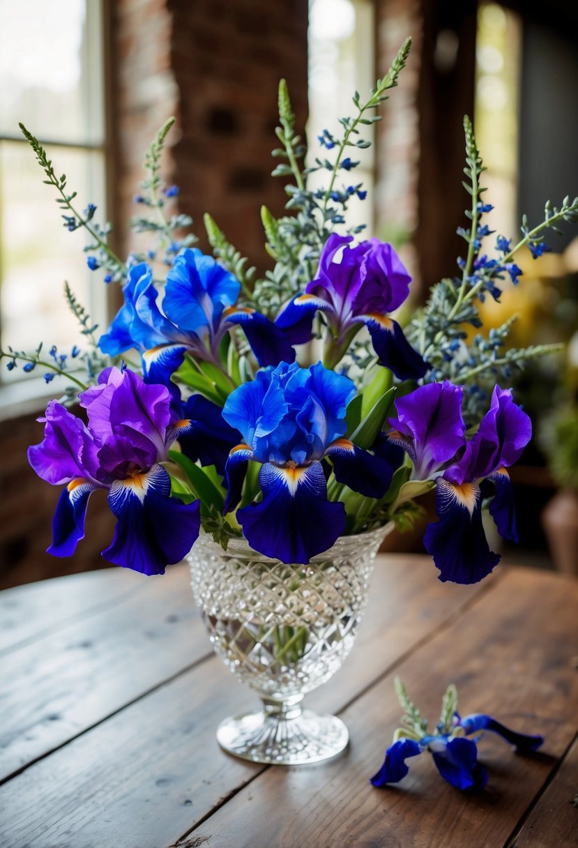 A vibrant bouquet of purple and blue irises, accented with delicate greenery, sits in a crystal vase on a rustic wooden table