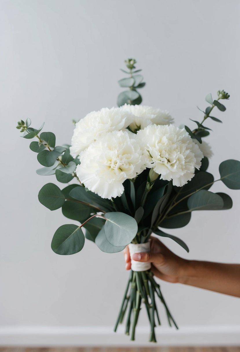 A simple bouquet of white carnations layered with eucalyptus, arranged in a minimalist style