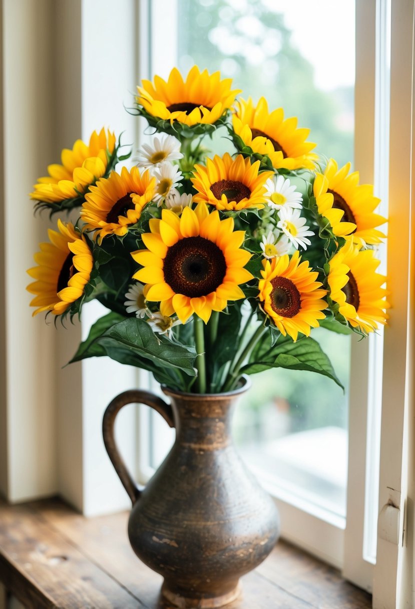 A vibrant bouquet of artificial sunflowers and daisies arranged in a rustic vase, with soft natural light filtering through a nearby window