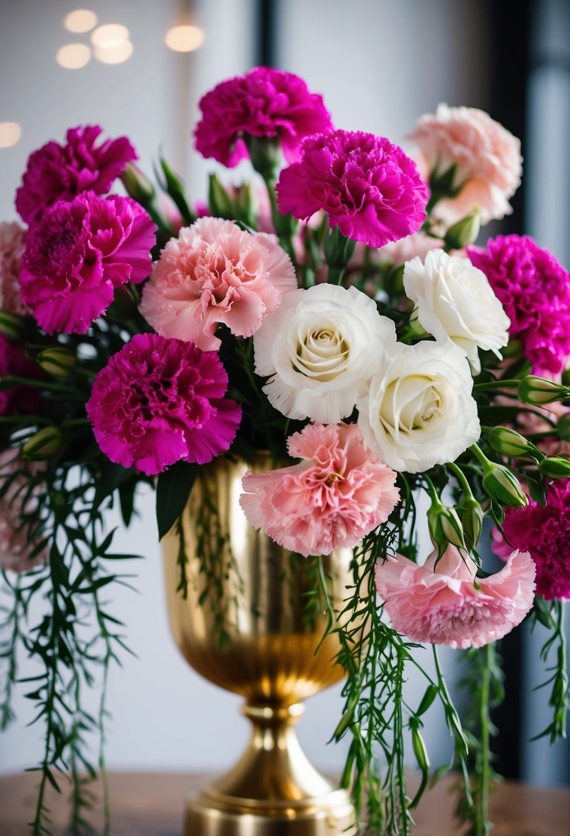 A vibrant mix of carnations and garden roses cascading from a gold vase, creating a lush and textured arrangement for a wedding bouquet