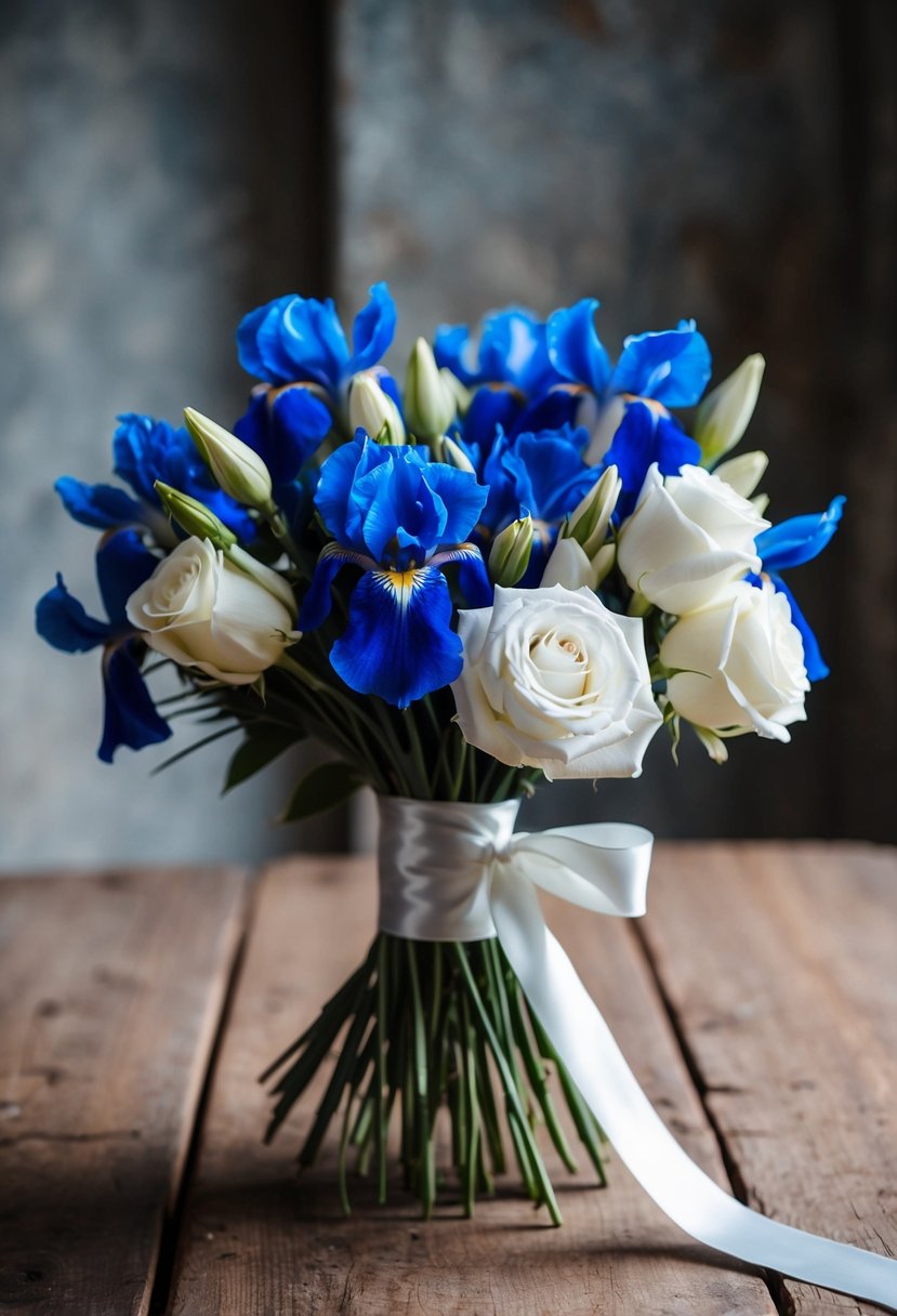 A delicate bouquet of blue irises and white roses, tied with a satin ribbon, sits on a rustic wooden table