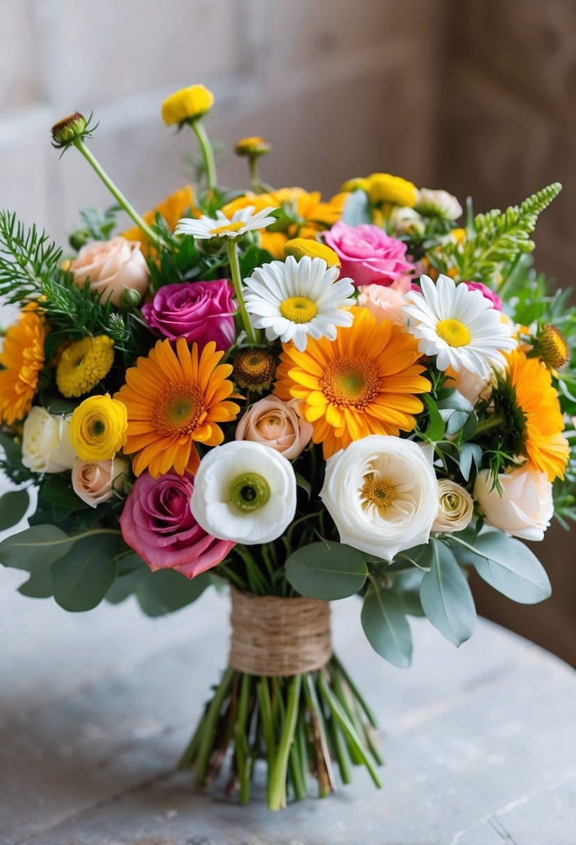 A vibrant wedding bouquet featuring daisies, garden roses, and ranunculus, arranged in a rustic, wildflower style