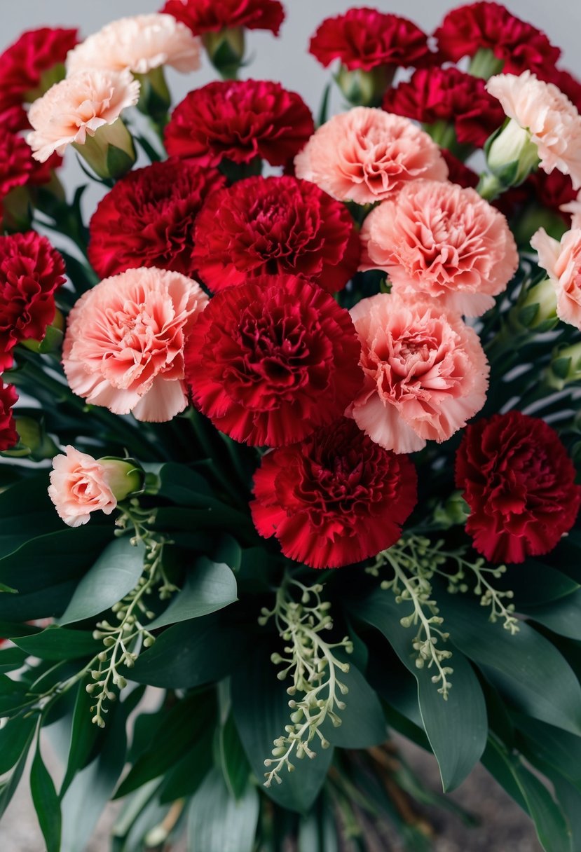 A monochromatic bouquet of red carnations in varying shades, arranged in a cascading style with delicate greenery accents