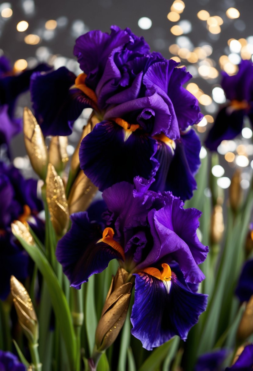 A lush bouquet of deep purple irises with shimmering gold accents