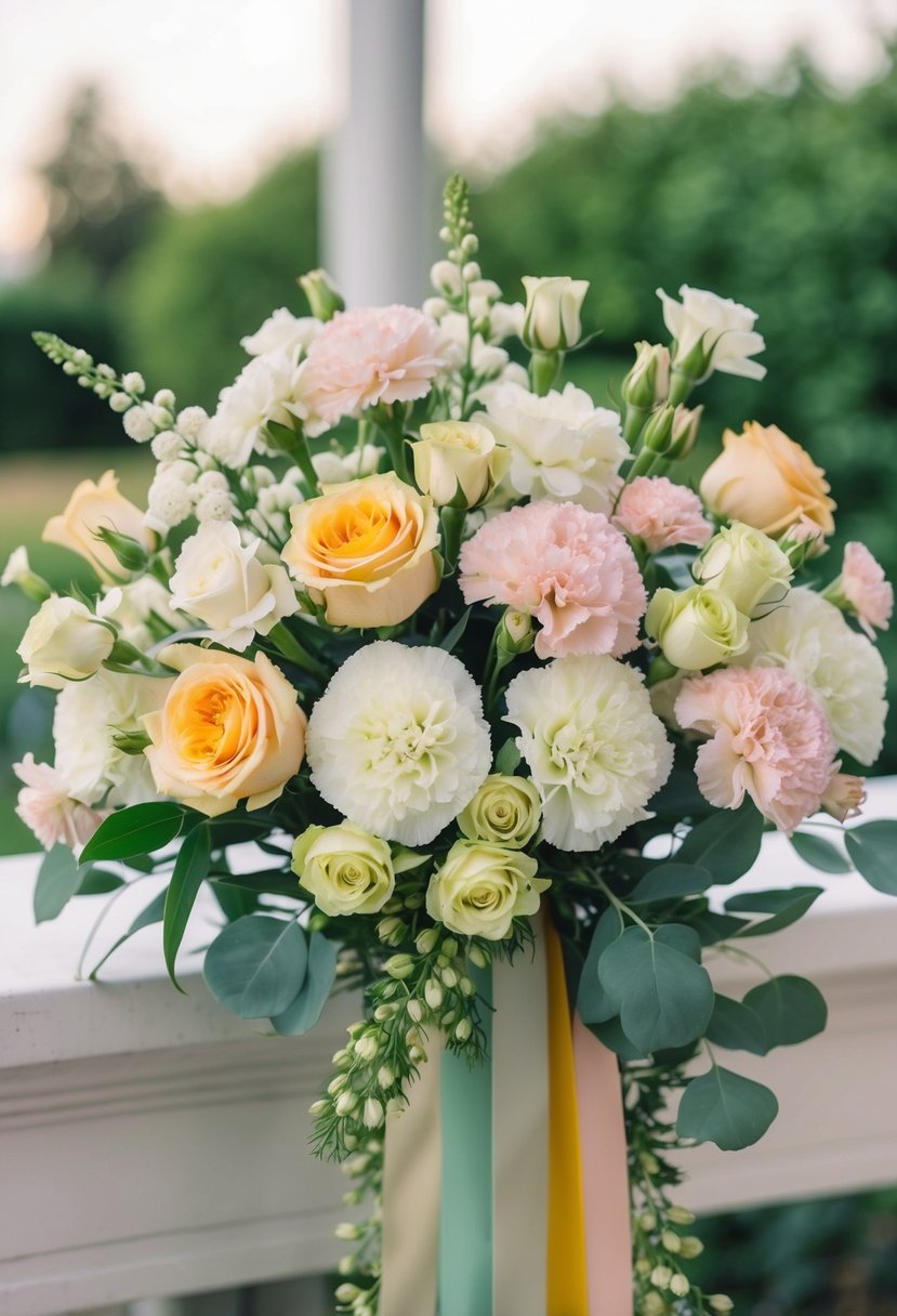 A lush wedding bouquet featuring delicate spray roses and full carnations in a variety of colors, arranged in a cascading style