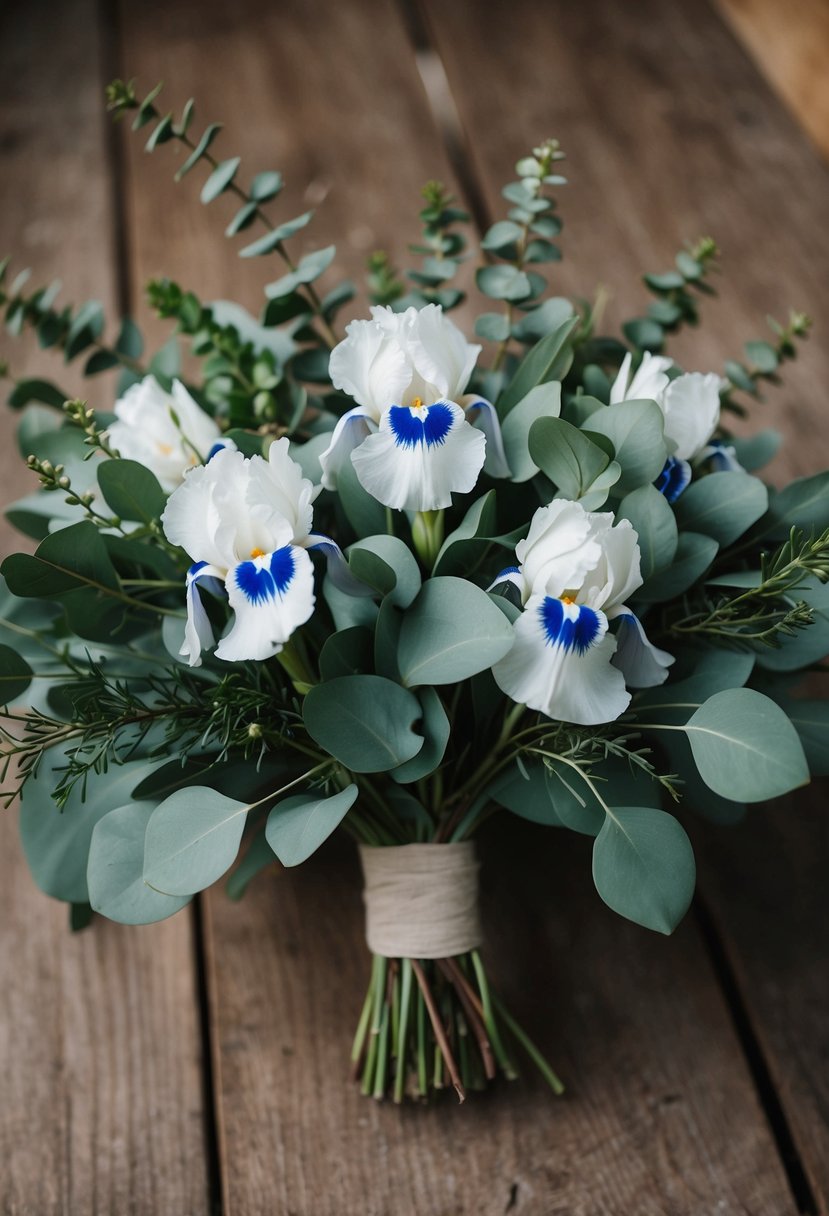 A rustic wedding bouquet featuring white irises and eucalyptus, with the irises as the focal point surrounded by the greenery for a natural and elegant look