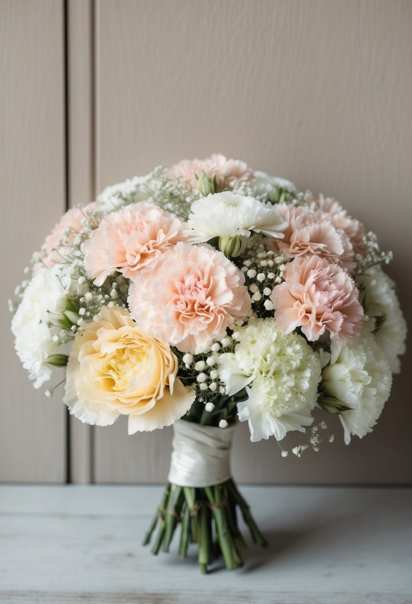 A vintage-style wedding bouquet with pastel carnations and baby's breath arranged in a delicate and romantic composition