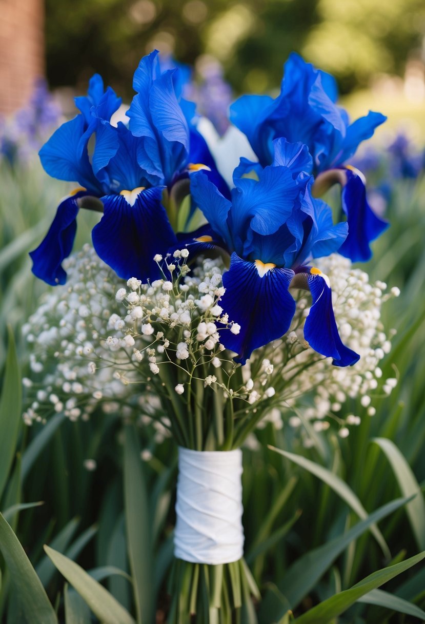 Blue irises intertwined with delicate baby's breath, creating a soft and romantic wedding bouquet