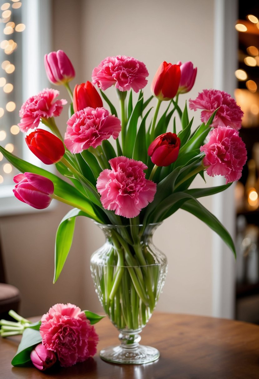 A glass vase holds a vibrant bouquet of pink carnations and red tulips, arranged in a lush and flowing style