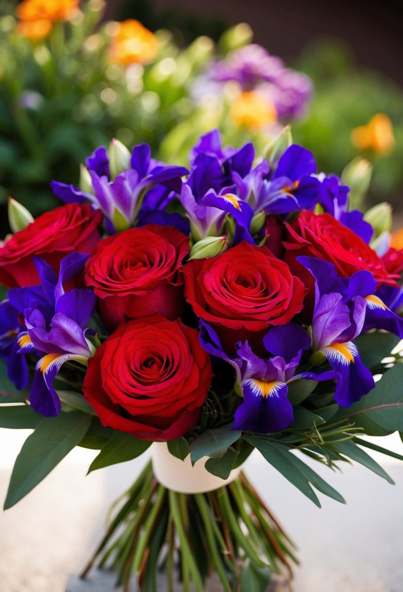 Red roses and purple irises arranged in a vibrant wedding bouquet