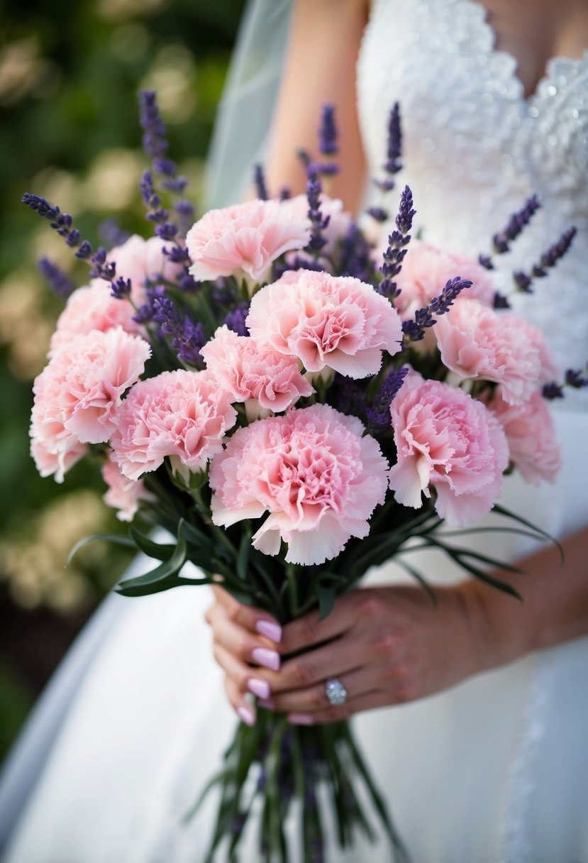 A bouquet of pink carnations mixed with lavender, arranged in a delicate and soothing wedding bouquet