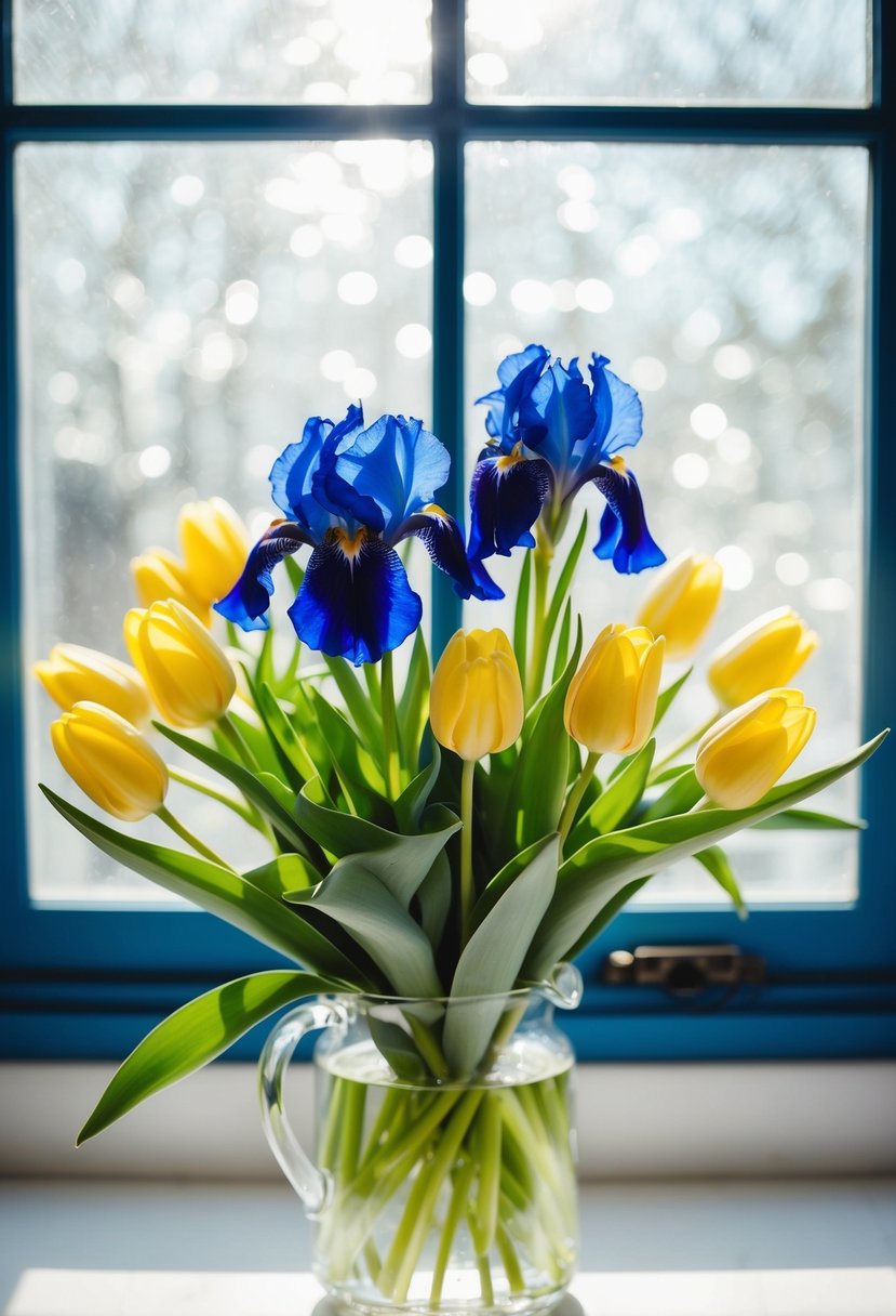 Blue irises and yellow tulips arranged in a bouquet, with sunlight streaming through a window onto the flowers