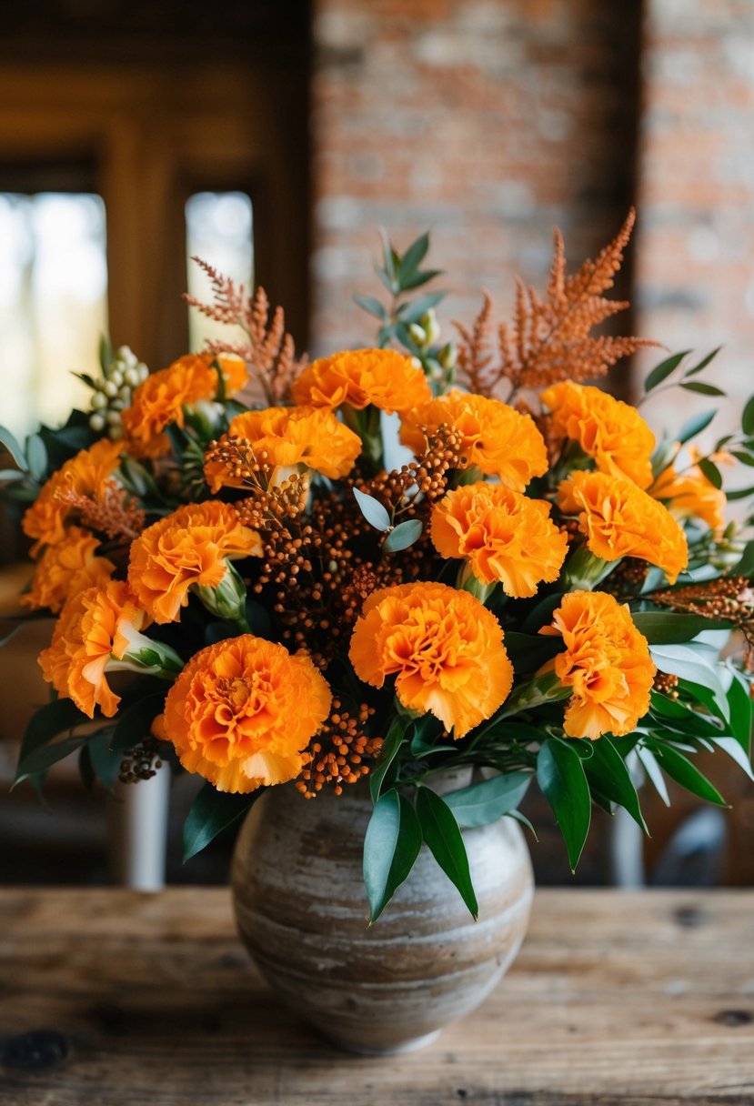 An arrangement of orange carnations and autumn foliage in a rustic vase for a fall wedding bouquet