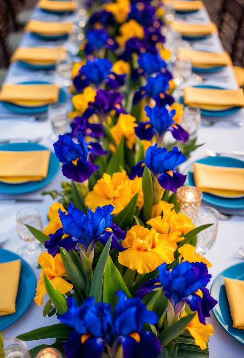 A table adorned with a lush arrangement of colorful irises, serving as a cost-effective and vibrant centerpiece for a wedding celebration