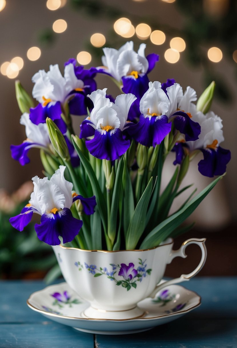 A playful bouquet of white and purple irises in a vintage teacup