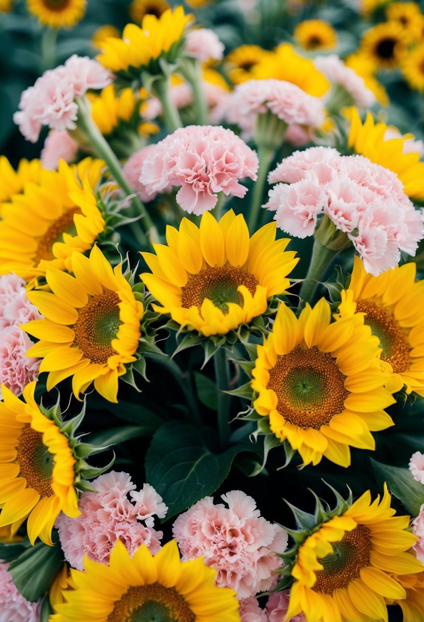 Bright yellow sunflowers interwoven with delicate pink carnations in a lush summer bouquet