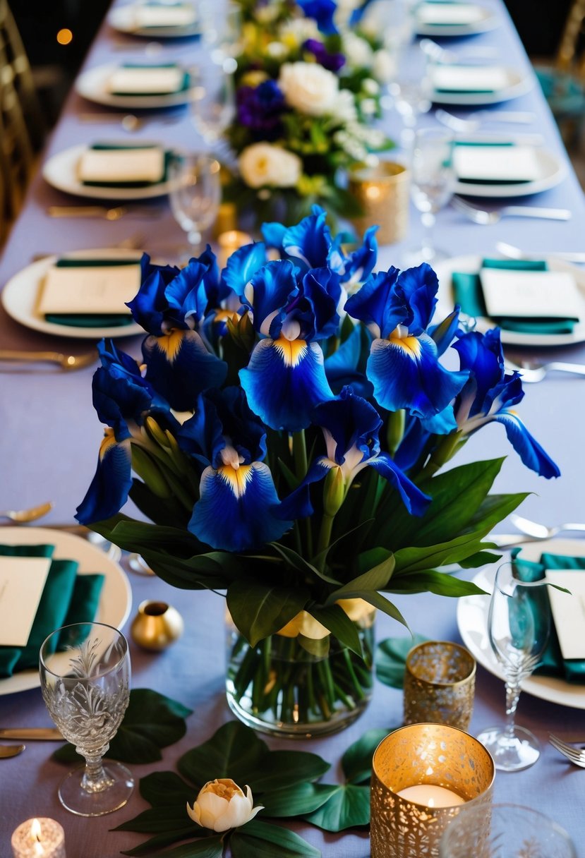 A table adorned with silk irises arranged in a bouquet, surrounded by various floral design elements for wedding inspiration