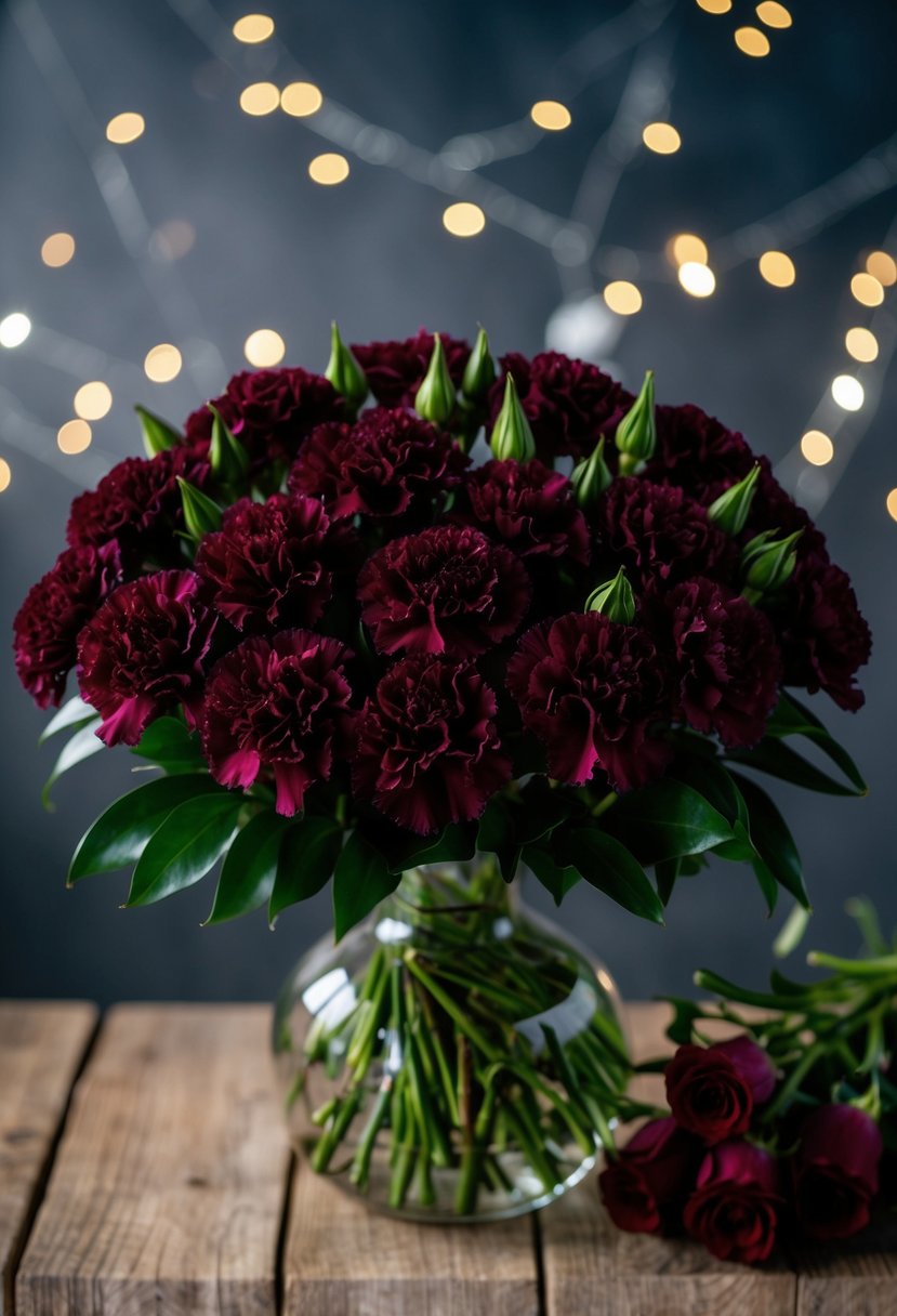 A bouquet of dark red carnations and burgundy roses arranged in a dramatic and elegant manner