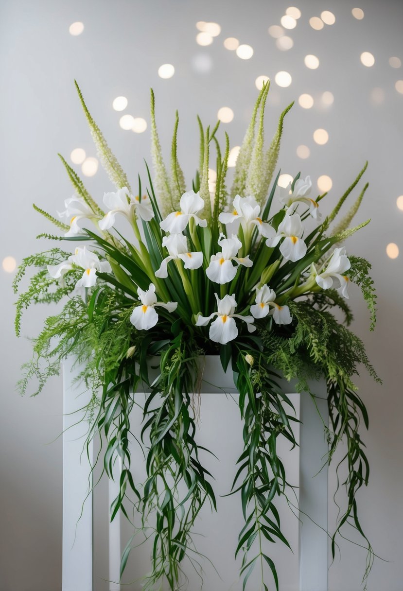 A delicate bouquet of white irises and elegant astilbes, arranged in a cascading design with flowing greenery