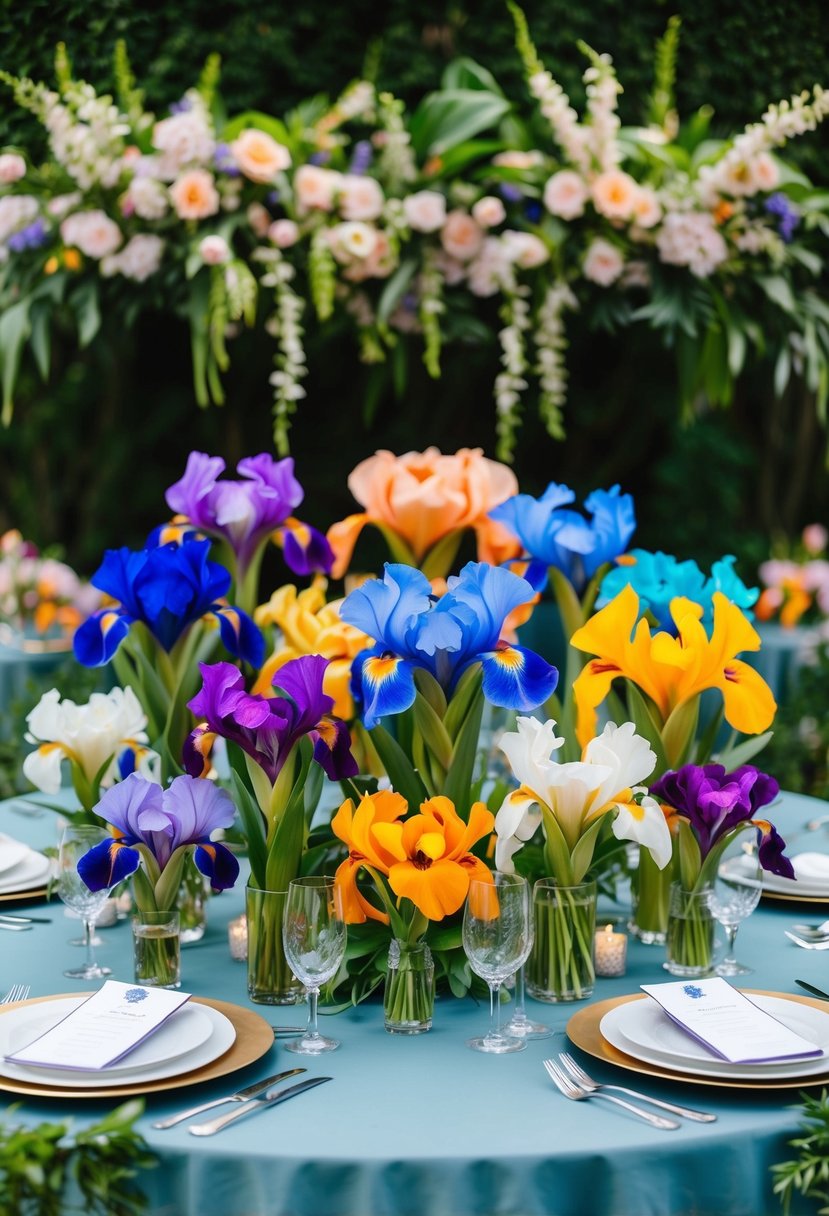 A table adorned with vibrant iris bouquets in various sizes and colors, surrounded by lush greenery and delicate floral accents