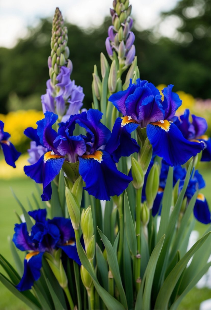 Tall irises stand out in a vibrant wedding bouquet, adding height and elegance to the arrangement