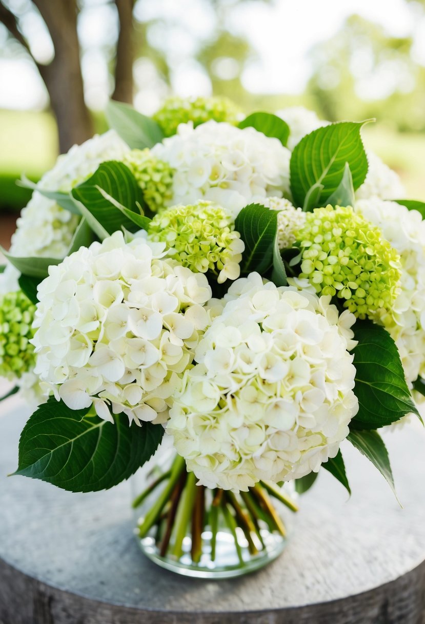 A lush bouquet of white hydrangeas with sage green accents