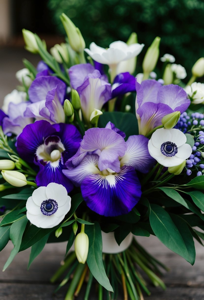 Purple irises and white anemones intertwine in a lush, elegant wedding bouquet