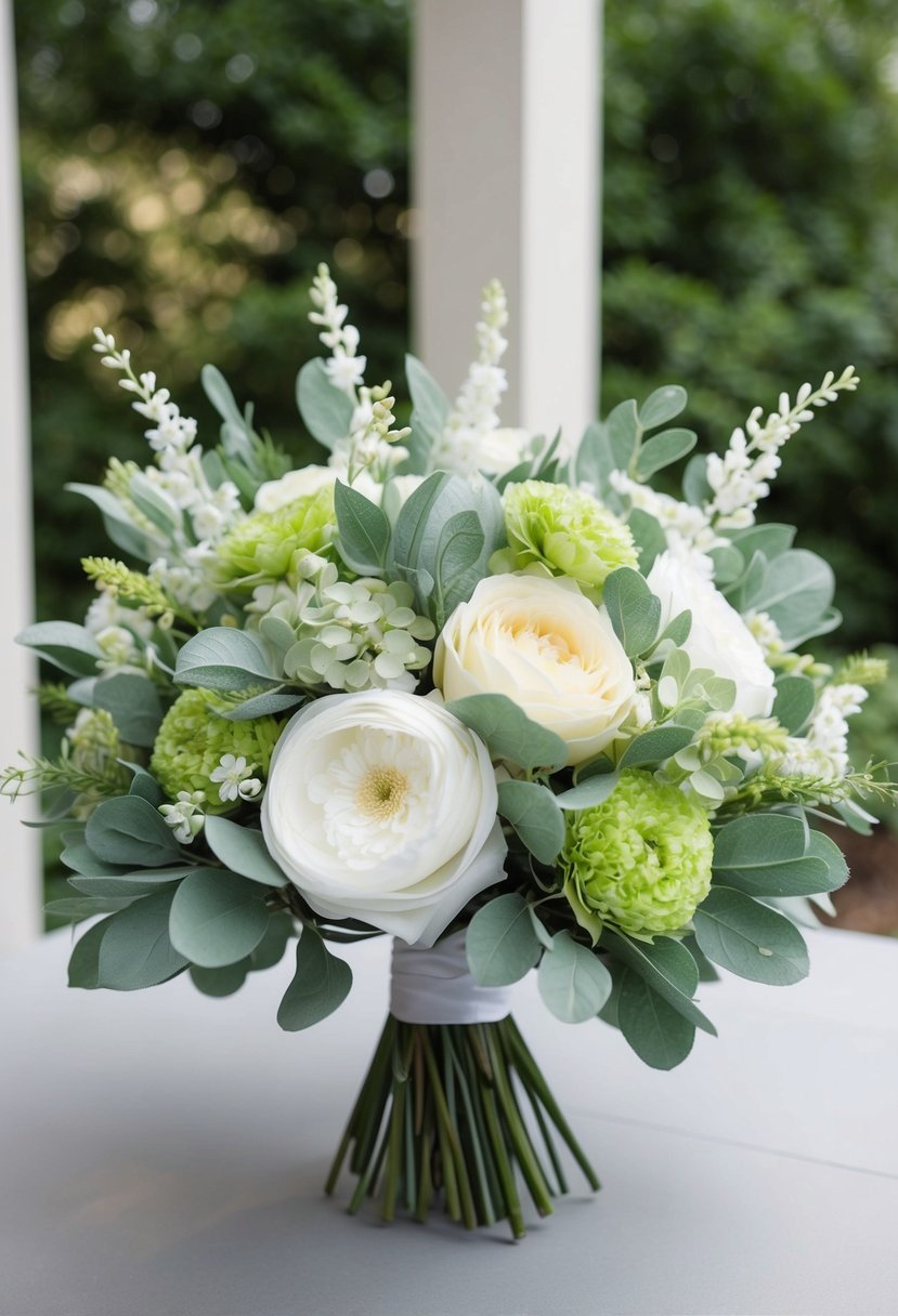 A lush bouquet of artificial sage green and white flowers arranged in a delicate and elegant wedding bouquet