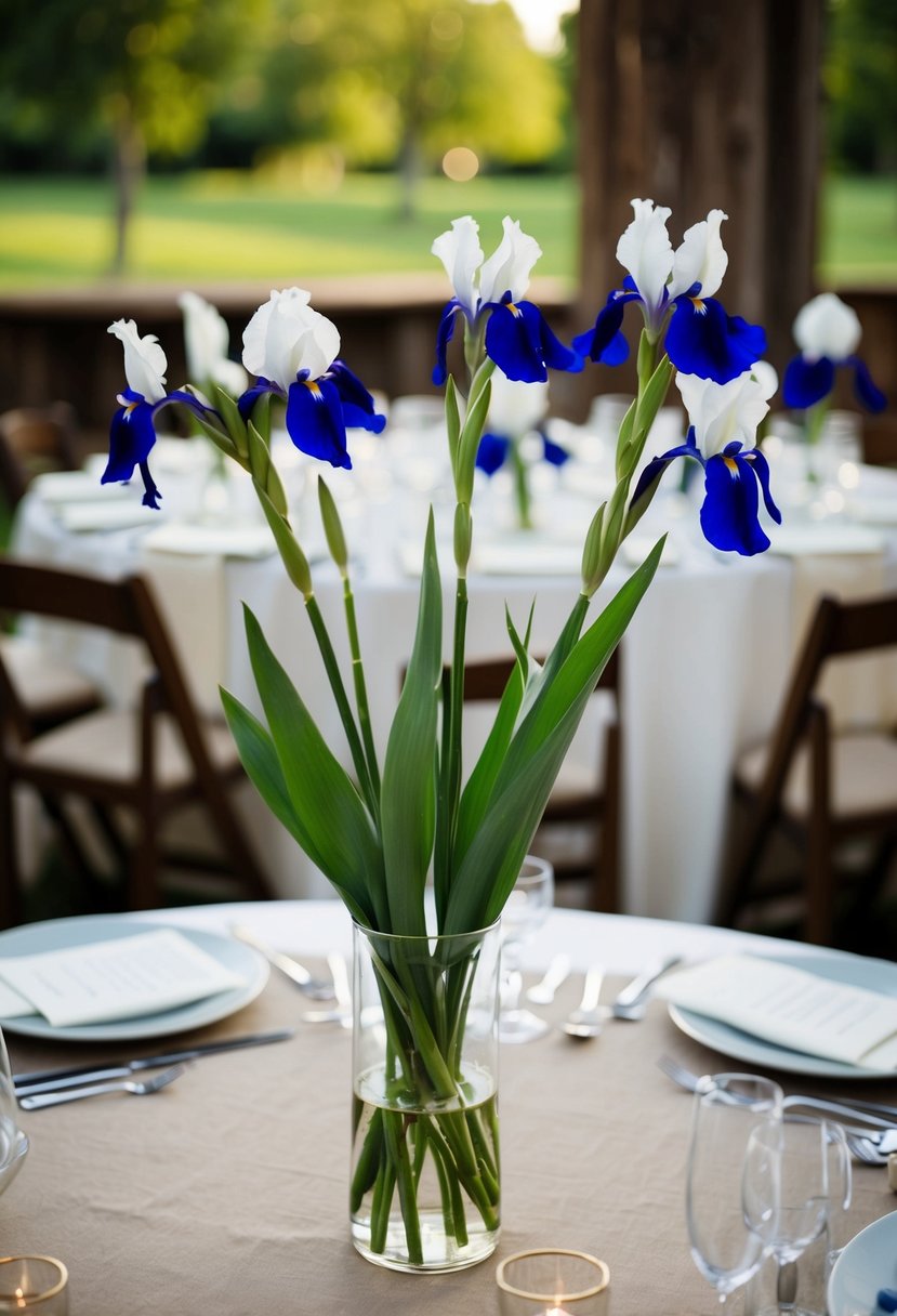 A rustic wedding table adorned with slender-stemmed white irises in a simple glass vase