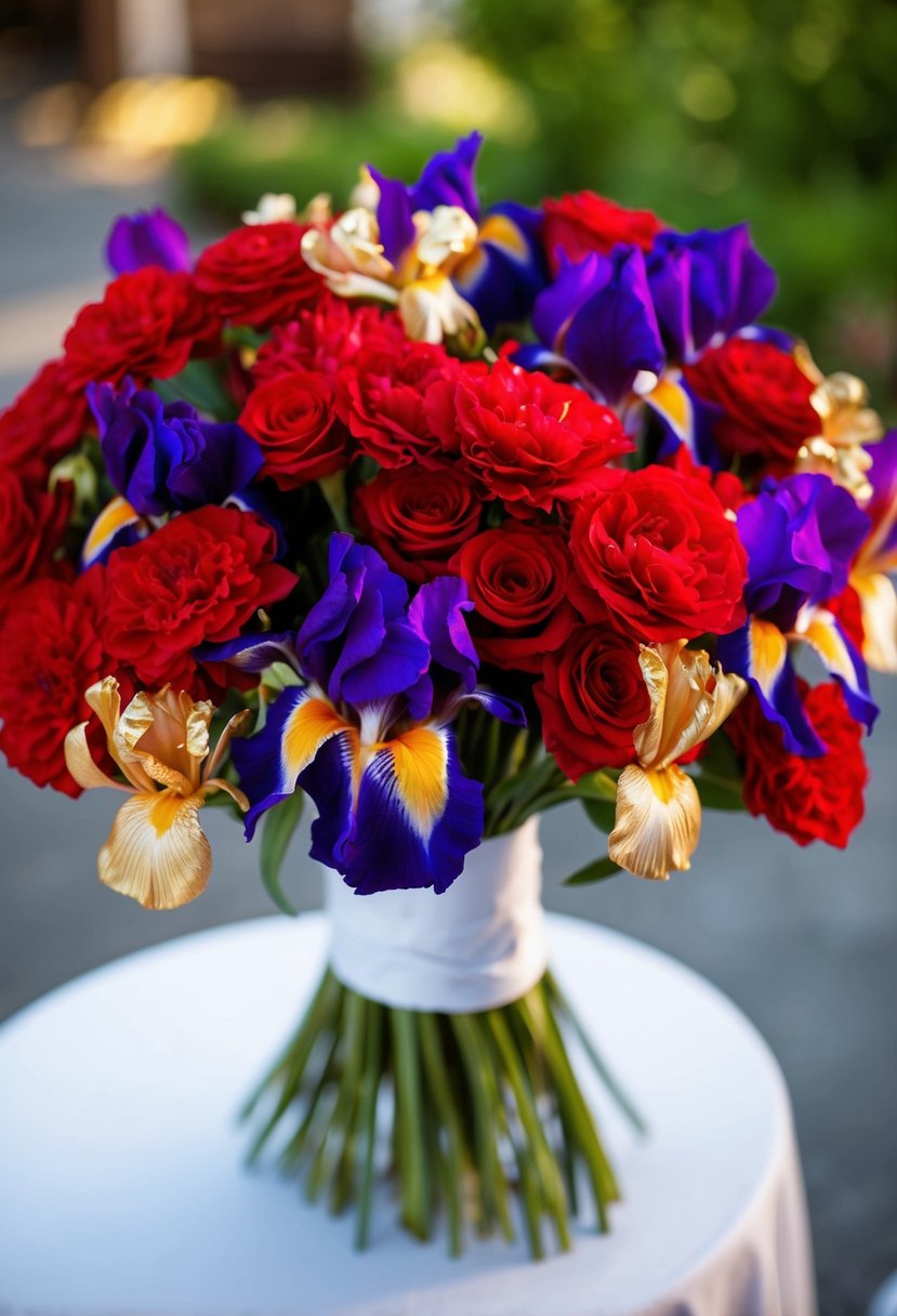 A vibrant wedding bouquet with red, gold, and purple irises