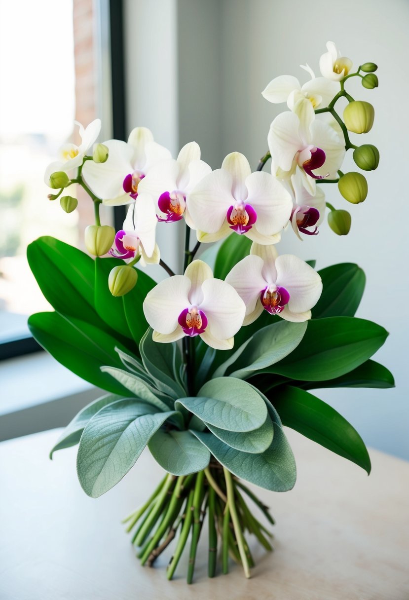 A bouquet of elegant orchids and sage leaves in shades of sage green