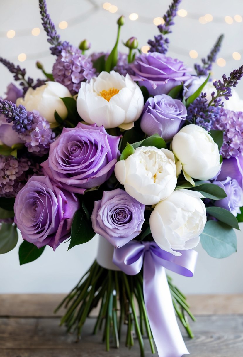 A lush bouquet of lavender roses, white peonies, and lilac accents, tied with satin ribbon