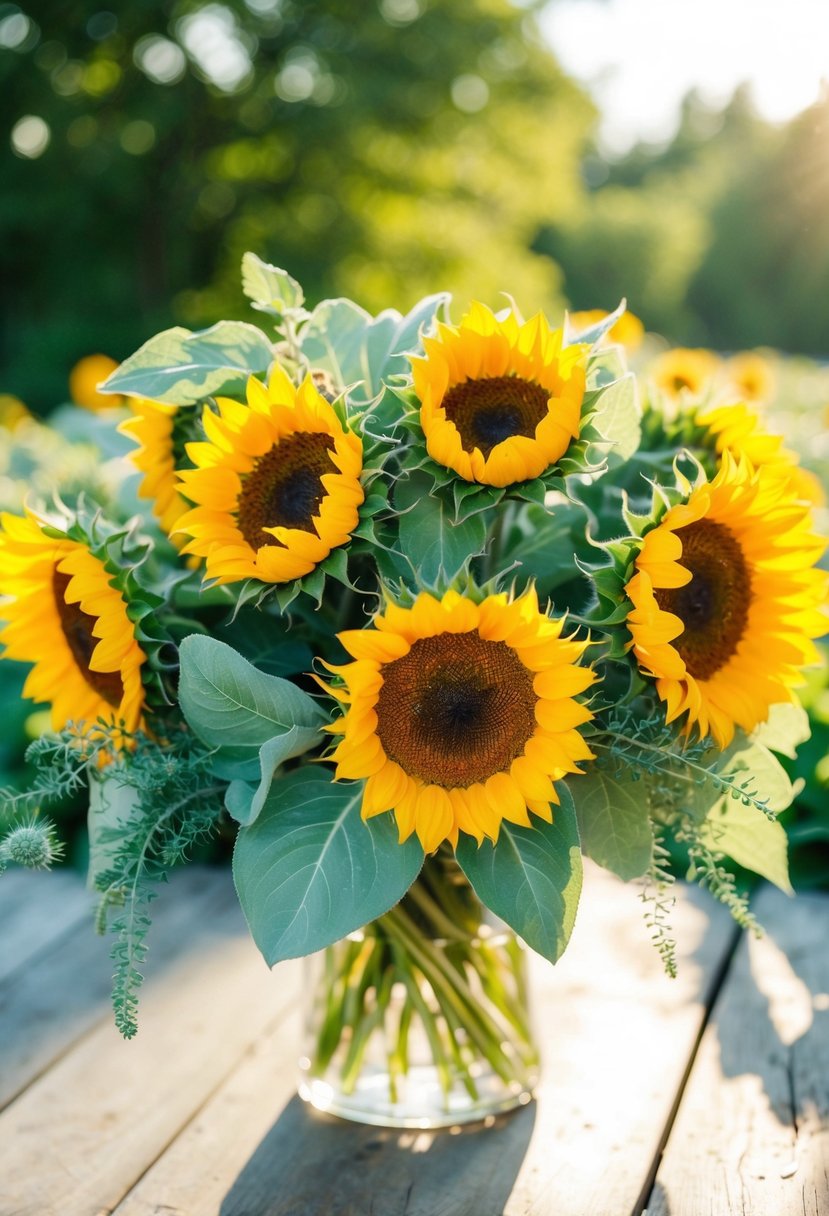 A vibrant bouquet of sunflowers and sage greenery basking in the sunlight