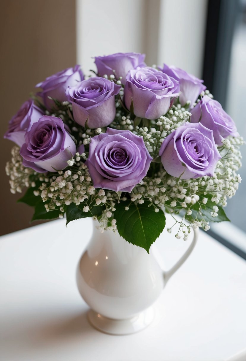 A bouquet of lavender roses and baby's breath, arranged in a white vase