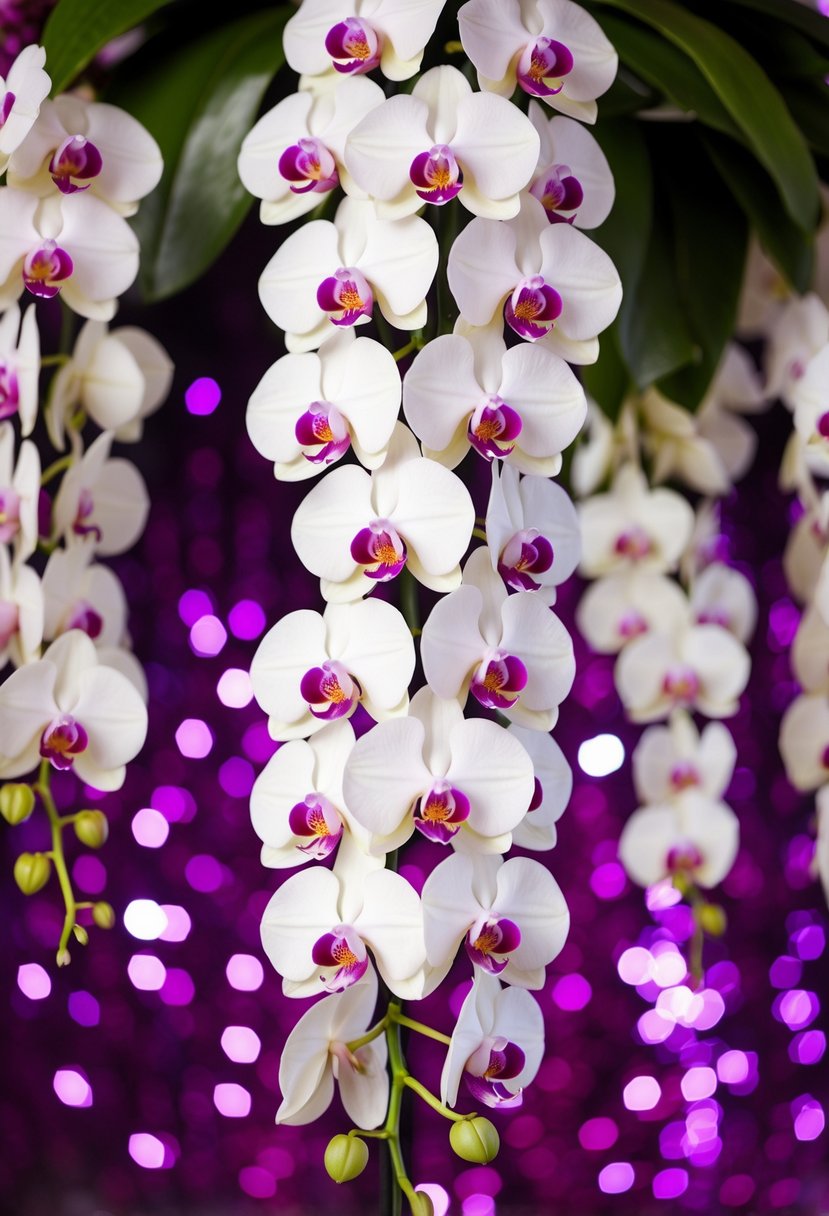 A lush, cascading bouquet of white orchids and purple accents