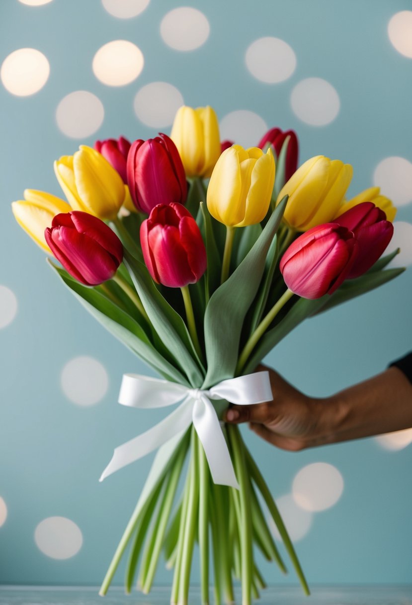 A bouquet of classic red and yellow tulips with sage green filler, tied with a white ribbon